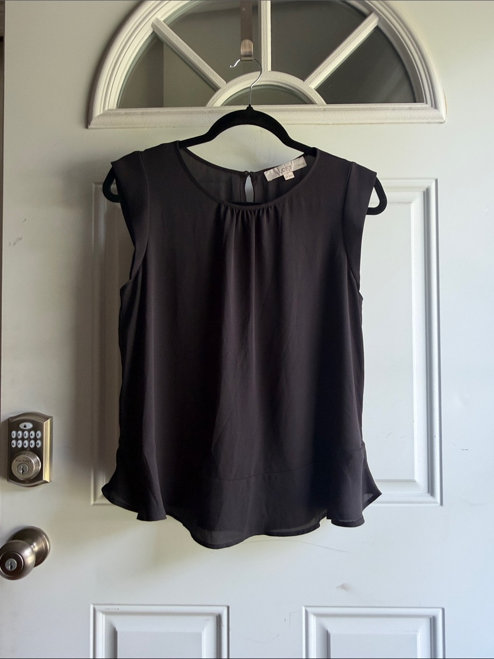LOFT Black Cap-Sleeve Peplum Hem Blouse, medium petitie
